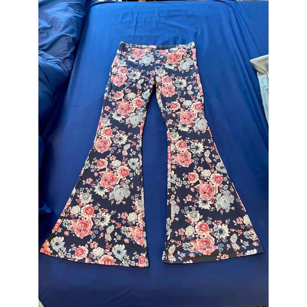 Hot Kiss Floral Patterned Super Soft Stretchy Blue and Pink Bell Bottoms - Large